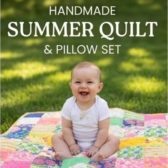 Patchwork Bright Summer Baby or Toddler Quilt with a mini pillow - one of a kind - Picture 3 of 12